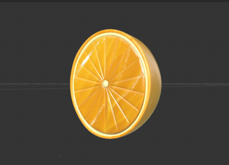 <b>Whole Orange Slice</b><br>In this final render, I present a whole orange slice that looks juicy and bright. The colors pop, and the design details make it look appealing. I am pleased with how the shading and lighting bring the model to life.