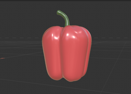 <b>C4D bell pepper model side</b><br>In this side view render in Cinema 4D, I display the unique shape and shiny texture of the red bell pepper. The realistic shadows and reflections show my good use of material settings, making the pepper look lifelike and emphasizing its curves and green stem.
