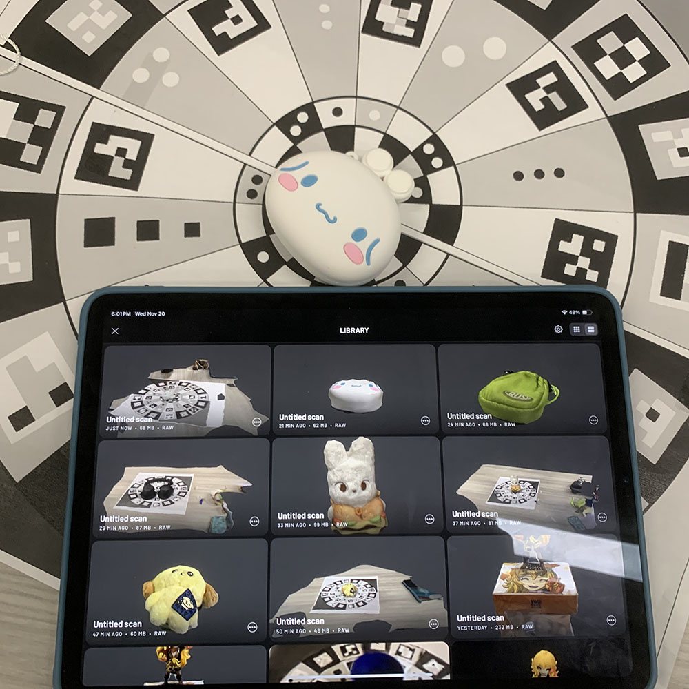 <b>Reviewing My Scanned Objects</b><br>This image shows the tablet screen where I can see all the objects I've scanned into 3D using the ScanViewer app. Each object is stored in the app's library for further use.