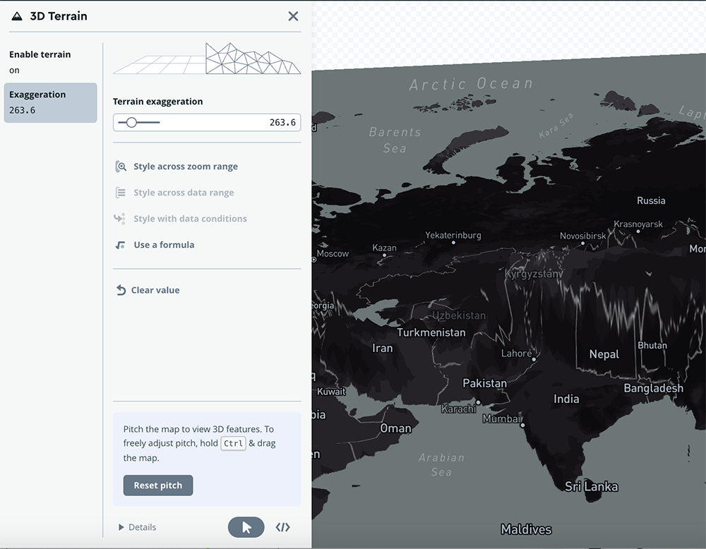 <b>3D Terrain Map of Asia Using Mapbox</b><br>I created this map using Mapbox and applied the 3D terrain feature to highlight the elevation of mountain ranges, including the Himalayas and Mount Everest. The terrain exaggeration enhances the height, offering a clearer view of the region’s topography.