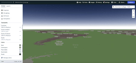 <b>Map with Adjusted Perspective and Atmosphere Using Mapbox</b><br>I created this map using Mapbox, where I adjusted the perspective to show a more angled view of South America. Additionally, I applied the atmosphere feature, giving the map a more realistic sky effect. This view enhances the map's visual depth and overall realism.