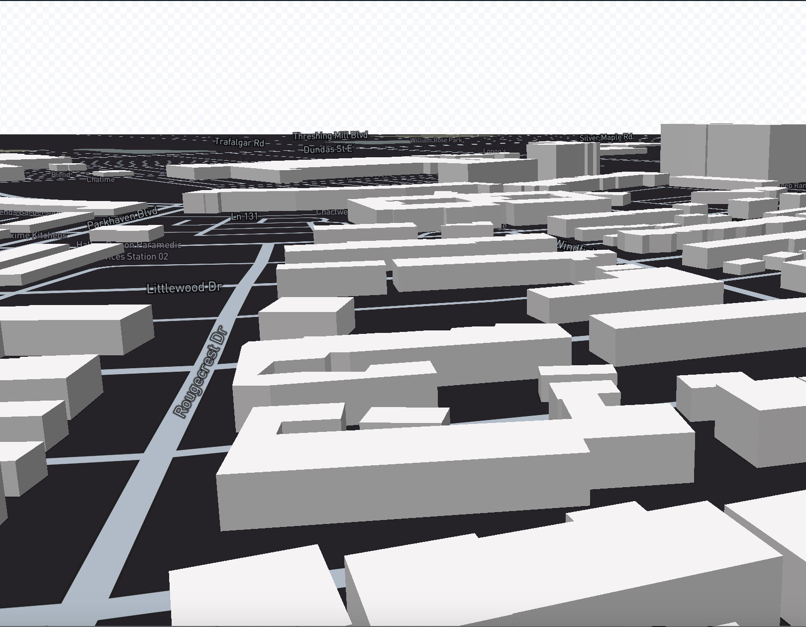 <b>Map of Oakville with Building Layer Using Mapbox</b><br>I created this map using Mapbox, where I added a distinct building layer to highlight the structures in Oakville, Ontario. This feature enhances the 3D visualization of the cityscape, making it easier to identify and analyze the layout of buildings in the area.