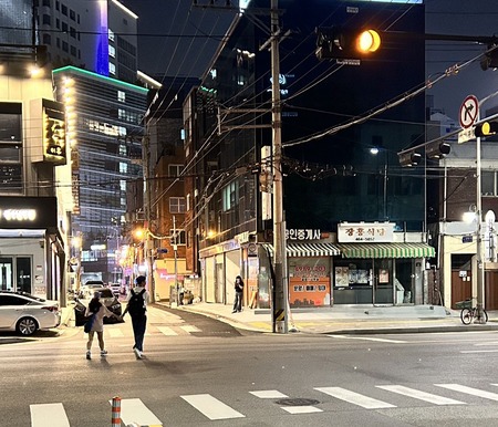 <b>Night Street View in Seoul, South Korea</b><br>This photo, which I took with my phone, shows a night scene on a street in Seoul, South Korea. Streets like this one were initially designed for local shops and businesses, and they still function as vibrant hubs of activity. At night, the street comes alive with lights, people, and traffic, maintaining its role as a key part of the city’s nightlife and culture.