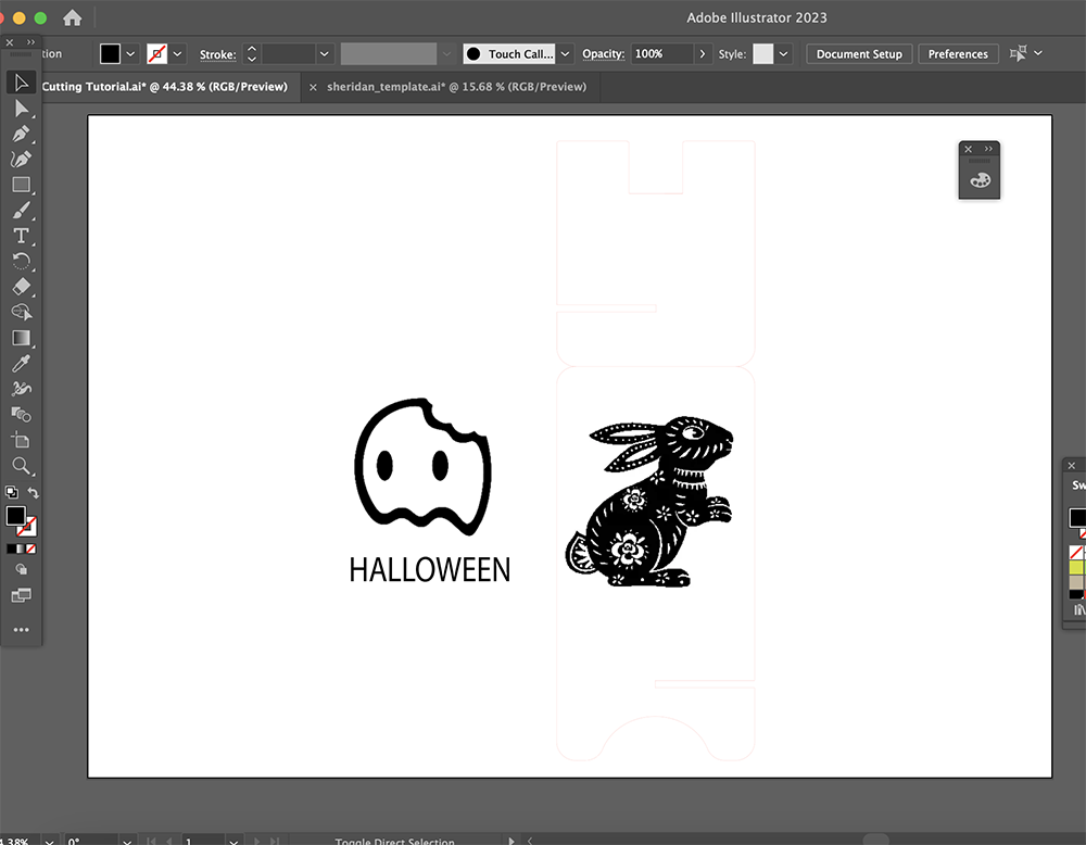 <b>Testing Final Design in Phone Stand Template</b><br>
          Here, I’m testing one of my final designs by placing it in the phone stand template. The Halloween ghost design and an additional animal graphic are positioned to fit well within the stand layout.