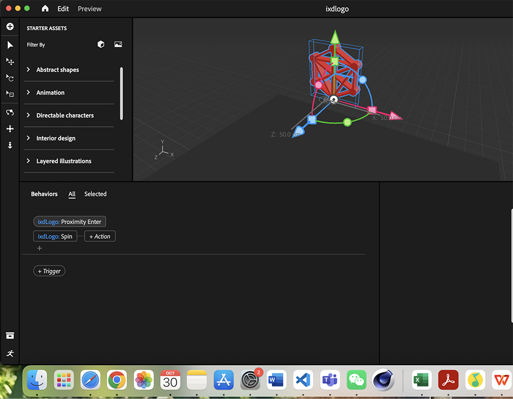 <b>Editing IXD Logo in Aero</b><br>
          Here, I’m using Tutorial 4 to edit the IXD logo in Aero. I added movement behaviors, like spin and proximity triggers, to make the logo more interactive within the scene.