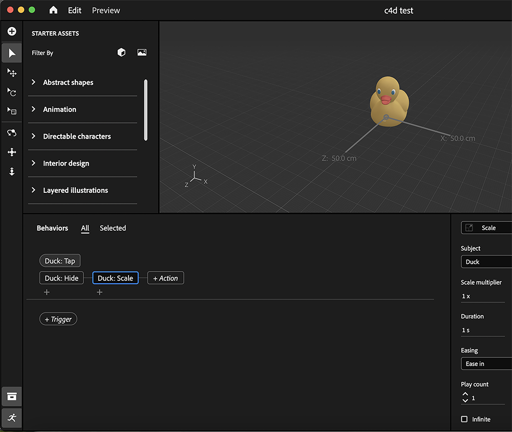 <b>Adding Triggers to C4D Model in Aero</b><br>
          In this project, I placed my Project 1 C4D model (a rubber duck) into Aero and added different triggers. For example, tapping the model hides it, and another trigger scales it up, adding fun interactions.