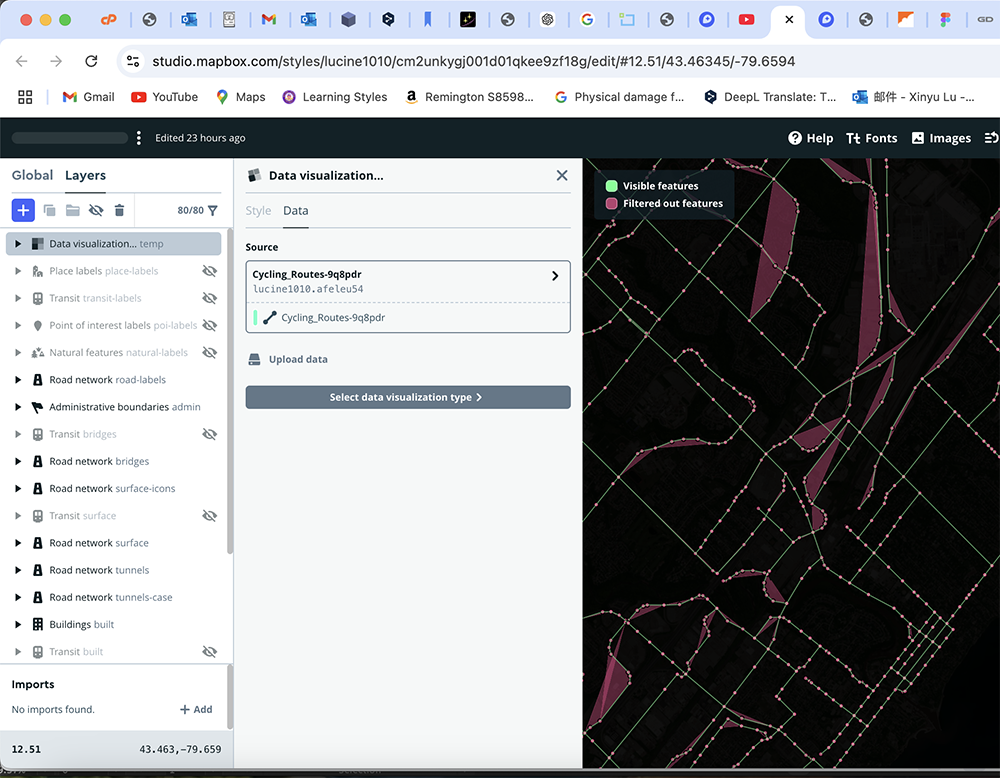 <b>Data Visualization with Cycling Routes</b><br>
This map screenshot focuses on visualizing cycling routes within Oakville using a dark background to emphasize path visibility. I uploaded a dataset and chose a visual style that distinguishes between visible and filtered-out features, making it easier to focus on critical route segments.