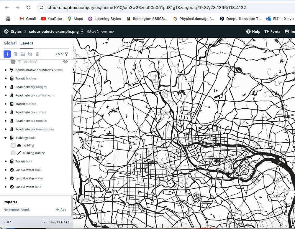 <b>Guangzhou Road Network Outline</b><br>
          This Mapbox Studio view is a black-and-white outline map of Guangzhou, highlighting road networks without additional color or detail. The simplified visual design showcases the complexity of the road layout while maintaining a minimalist style, suitable for further layering or thematic adjustments.