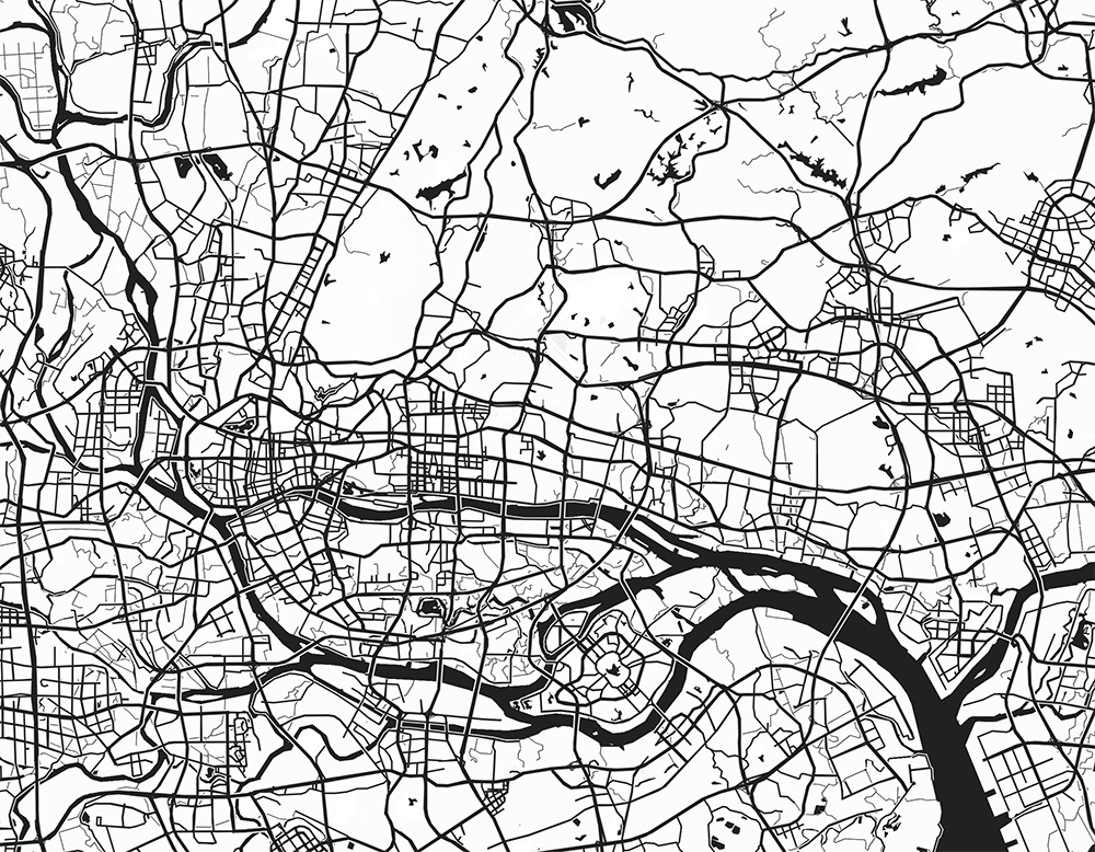 <b>Guangzhou Road Network Outline Print</b><br>
          This is a black-and-white printed map of Guangzhou created in Mapbox, focusing on the city's road network. The map shows only the road lines, with no color or extra detail, giving it a clean, minimal look. I used this print style to highlight the structure and layout of the roads without distractions.
