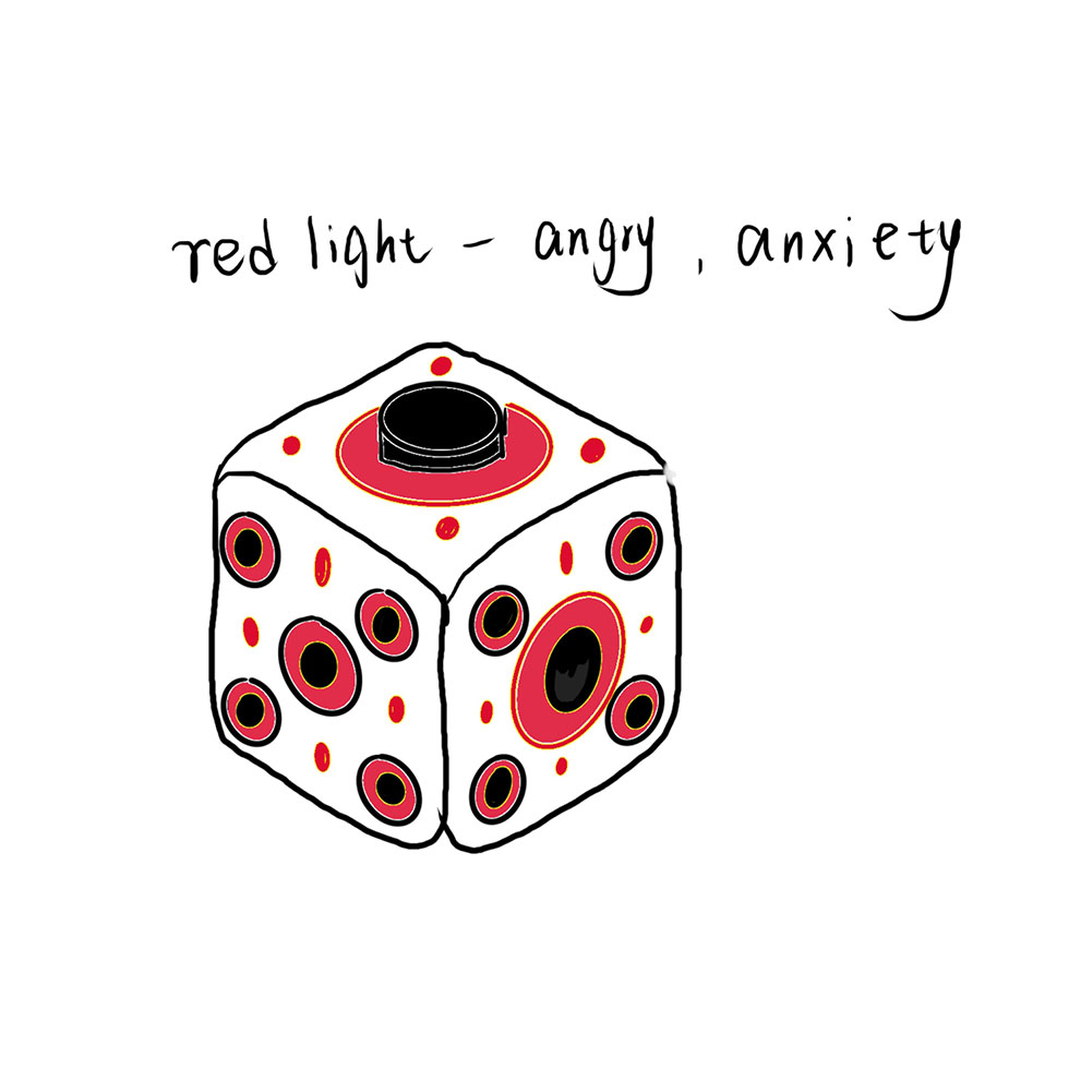 The red light on the cube signals anger or anxiety. It helps users recognize and manage their emotions.