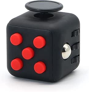This is a basic fidget cube with various buttons and elements designed for stress relief.