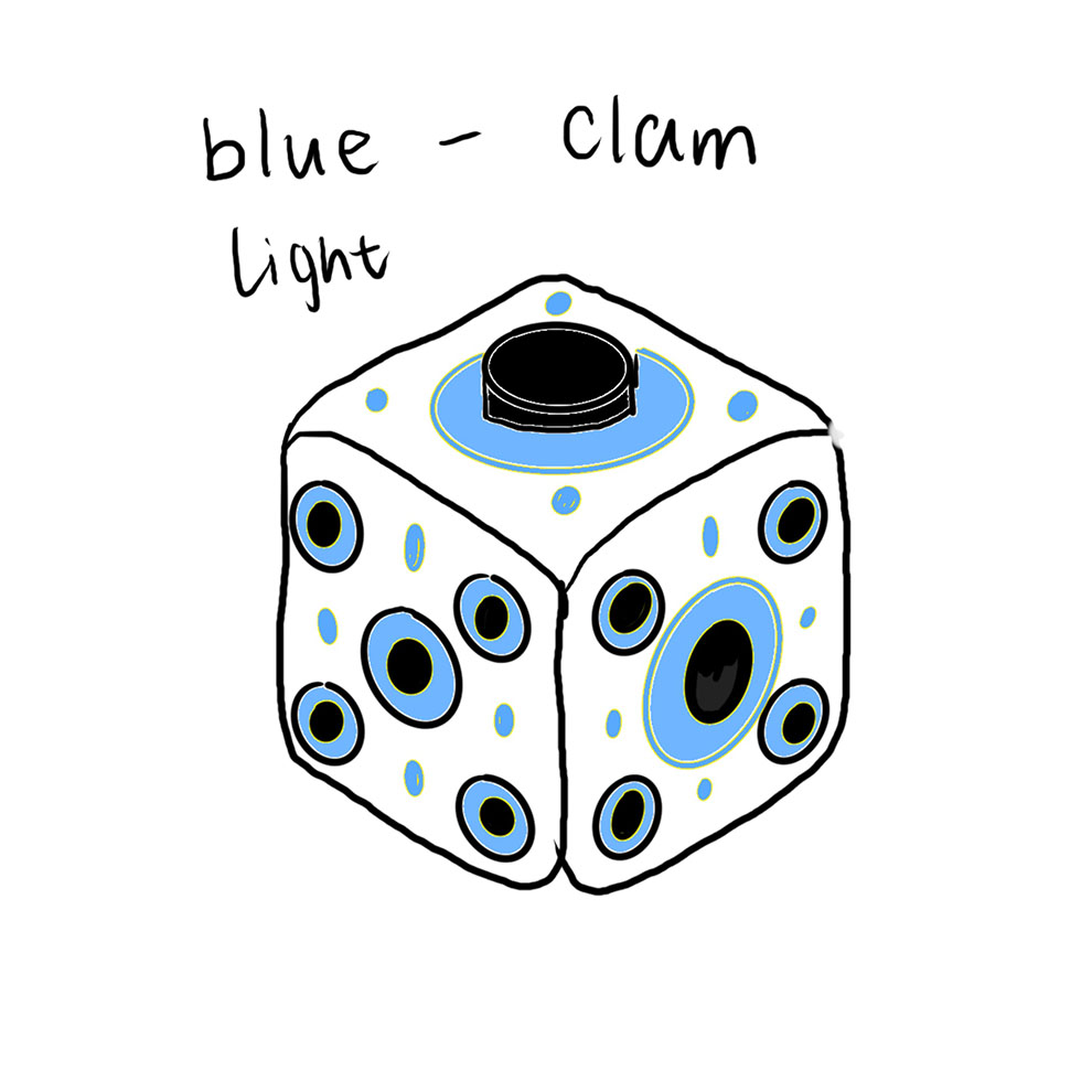 I designed a fidget cube that changes color based on the user's mood. The blue light represents a calm and relaxed state.