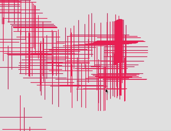  In this GIF, red linear patterns appear to draw and redraw themselves chaotically. The sound of book pages flipping guides the intensity and speed of the lines' movements. As the pages turn faster, the lines become more chaotic, representing the flurry of motion in flipping through a book rapidly.