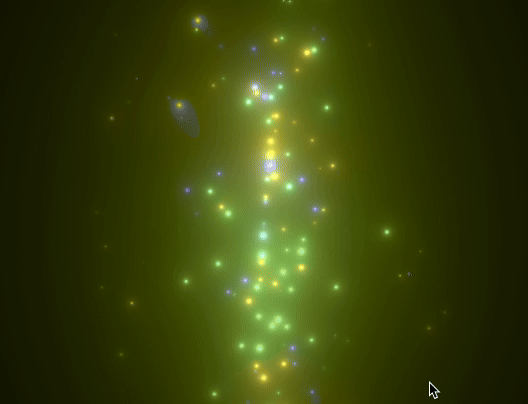 This GIF features a dynamic visual effect of a galaxy spinning with points of light and particles swirling around the center. The lights expand or contract based on the volume and pitch of the sound made by writing with the Apple Pencil, creating an immersive audio-visual experience.