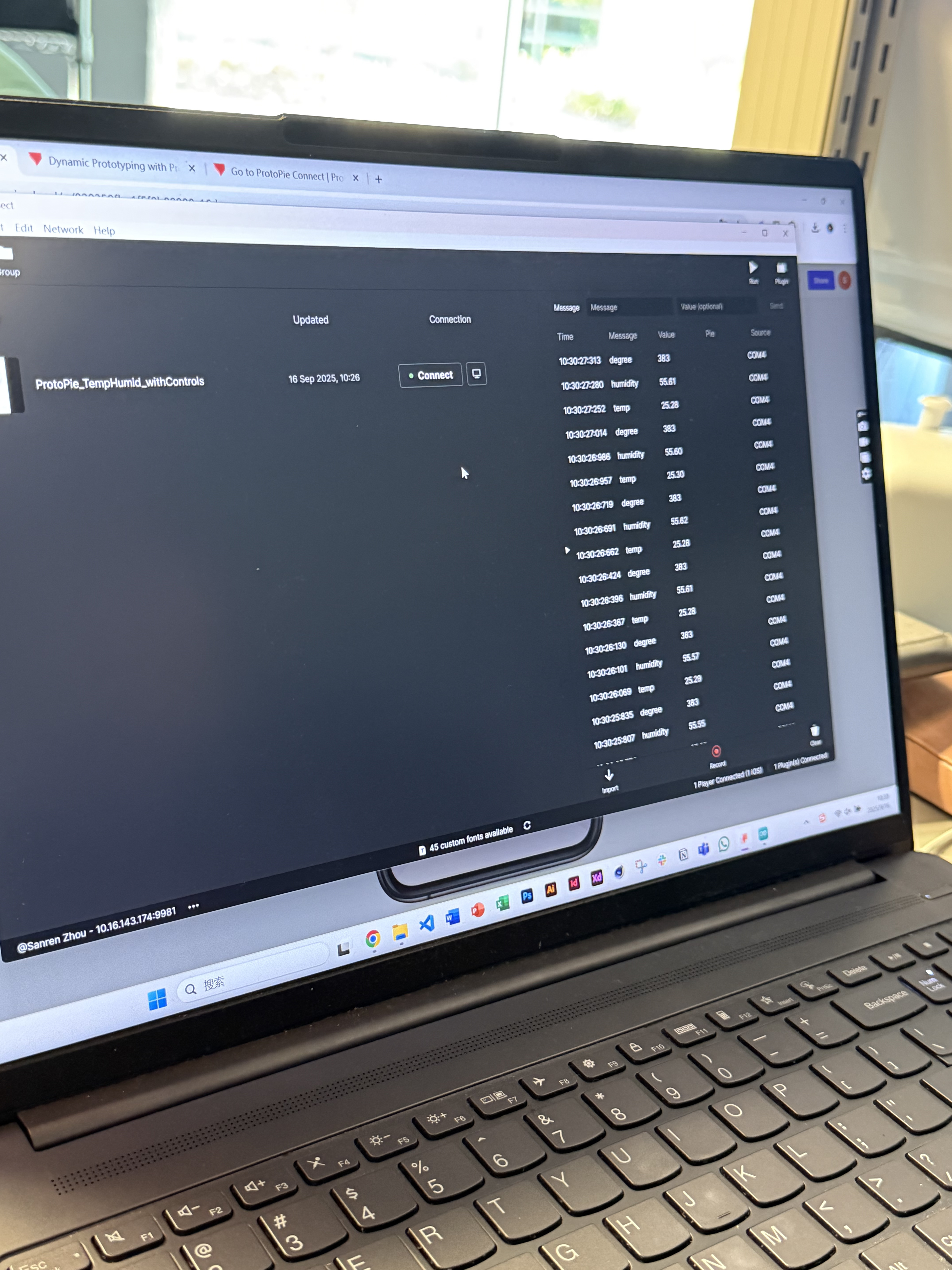 <b>Checking Data in ProtoPie Connect</b><br>I opened ProtoPie Connect on my laptop to see the data from my sensors. The screen shows messages for temperature and humidity with time and value. I used this to confirm that the sensors were working and sending live data.