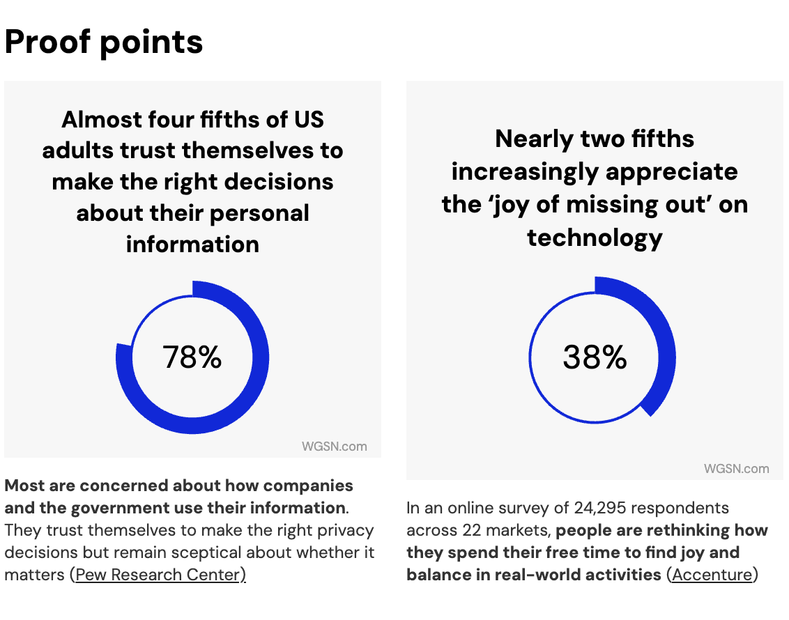 <b>Proof Points</b><br>78% of adults trust themselves to make the right privacy decisions but still worry about how companies use their data. 38% of people appreciate spending less time online to find joy and balance in real-world activities. These insights show that users care deeply about both privacy and emotional wellbeing.