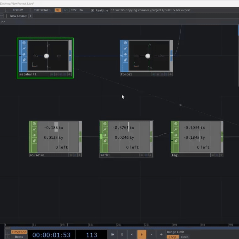 <b>Setting Up Interaction Nodes in TouchDesigner</b><br>We tested how the values could influence nodes inside TouchDesigner. We adjusted basic nodes such as mouse input, math, and lag to build a smooth control path. This step helped us understand how interaction data affects movement and forces.