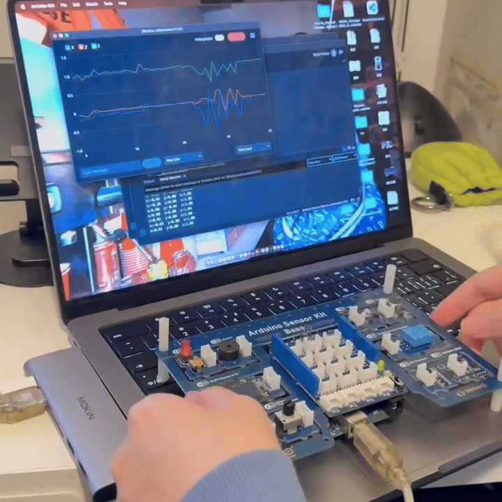 <b>Testing All Functions on the Sensor Kit</b><br>We connected the Sensor Kit directly to the computer and uploaded sample codes to test each built-in sensor. We checked the data from different modules to understand which parts were working correctly. This step helped us confirm the kit’s functions, but it did not solve the LED issue on our custom circuit.