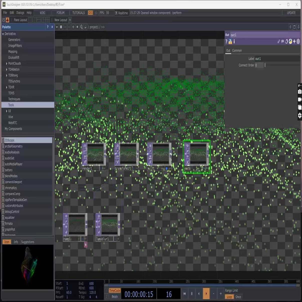 <b>Final Particle Rendering Layout</b>In this stage, we organized the render network for the particle visuals. We added transformations and effects to improve the appearance and motion of the particles. This layout allowed us to preview how the full visual system would look when active.