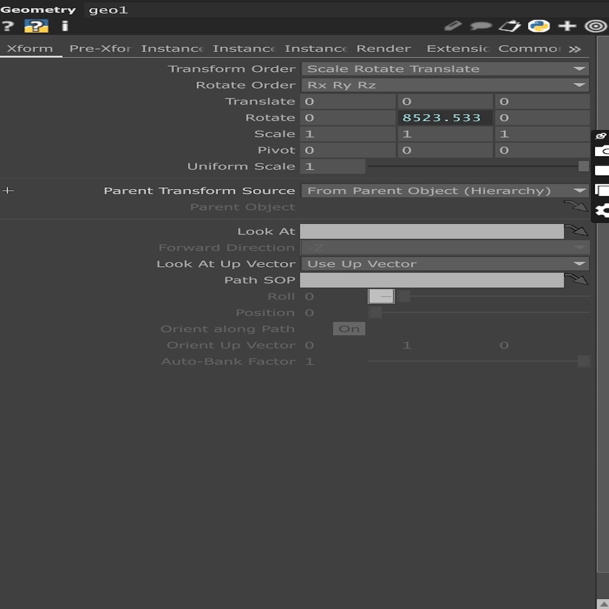 <b>Geometry Rotation Adjustment</b><br>In this image, we adjusted the rotation values of a geometry component. We tested how extreme rotation changes affect the particle structure and its orientation. This helped us confirm which settings were stable and suitable for our visual output.