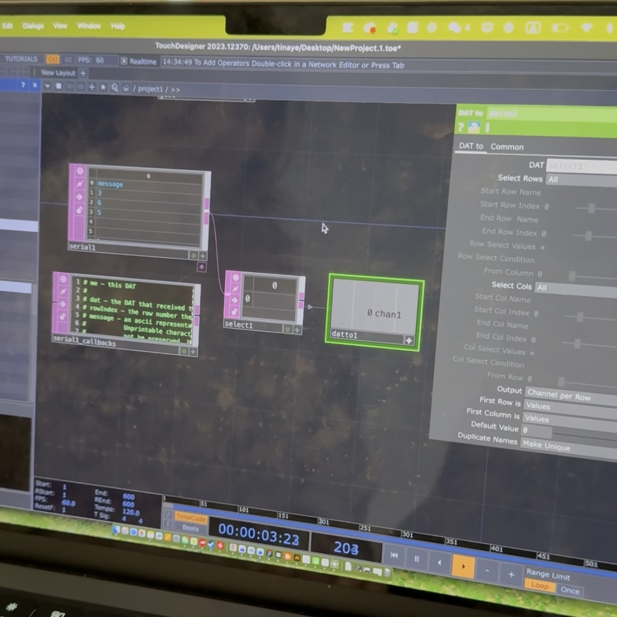 <b>Connecting Arduino Light Sensor to TouchDesigner</b>Here, we connected the Arduino light sensor to TouchDesigner through the serial DAT. We used the select and DAT-to-CHOP nodes to convert the incoming serial data into a usable channel. This allowed us to control visual elements directly with real light sensor values.