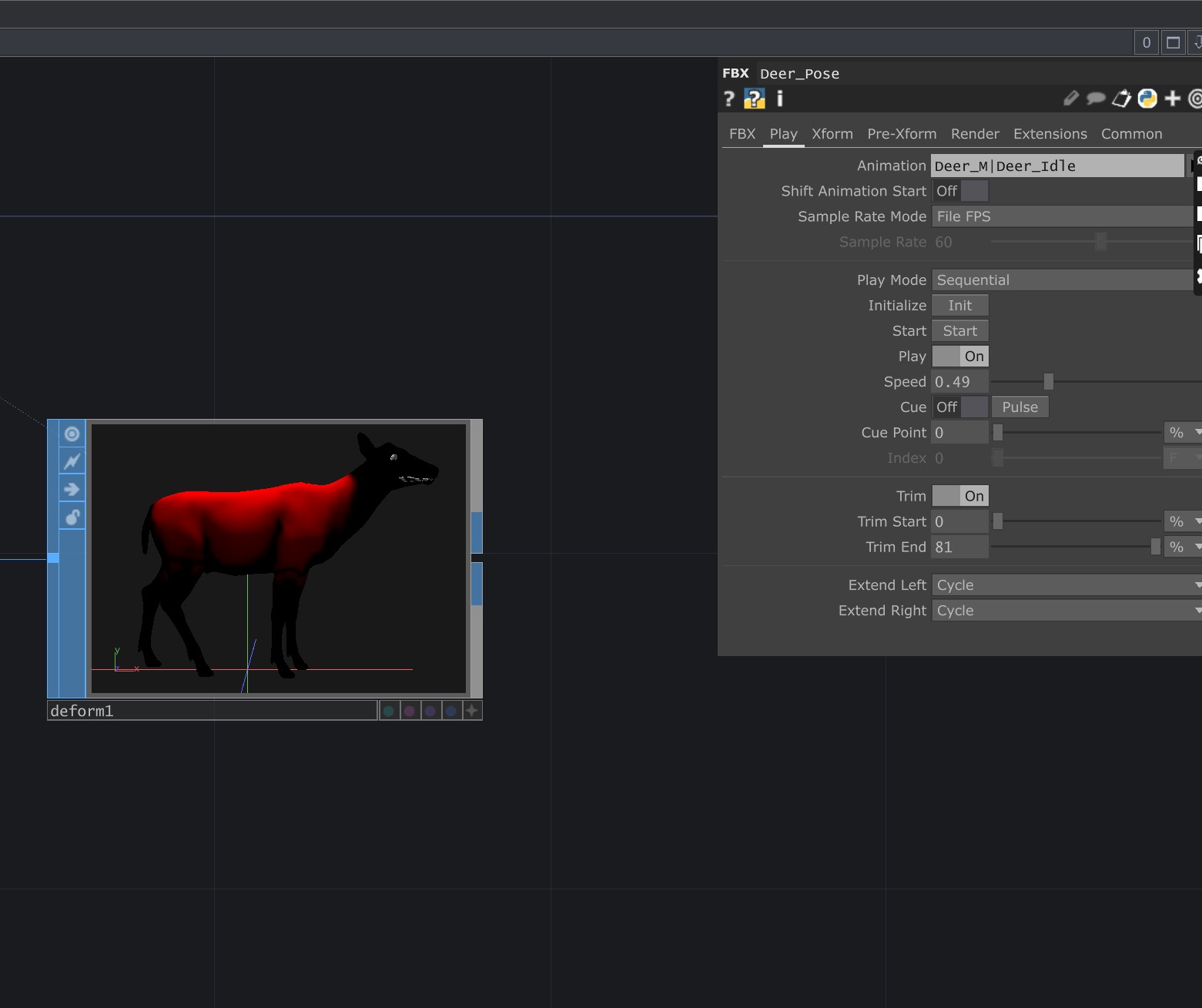<b>Adjusting animation with Trim</b><br>We adjusted the animation using the Trim settings to control the start and end frames. This allowed us to create a smoother and more natural movement for the model. By setting a clear range, we made sure the animation plays only the part we need.